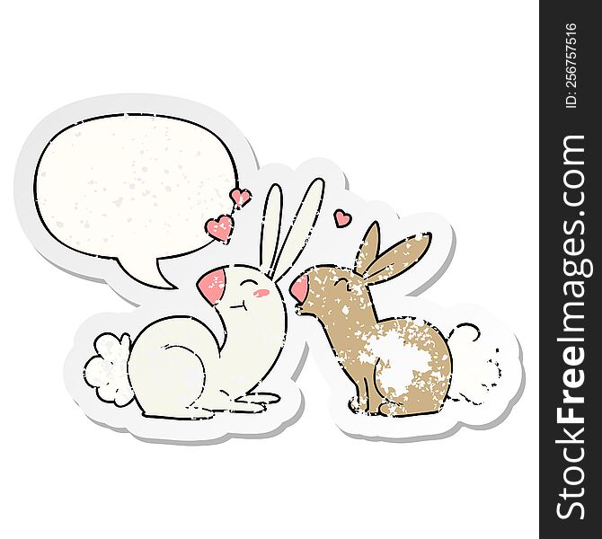 cartoon rabbits in love with speech bubble distressed distressed old sticker. cartoon rabbits in love with speech bubble distressed distressed old sticker