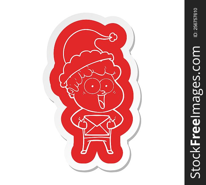 cartoon  sticker of a happy man wearing santa hat