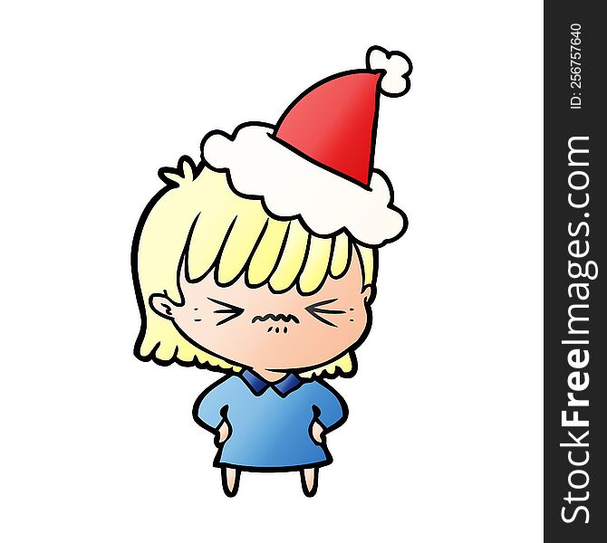 annoyed gradient cartoon of a girl wearing santa hat