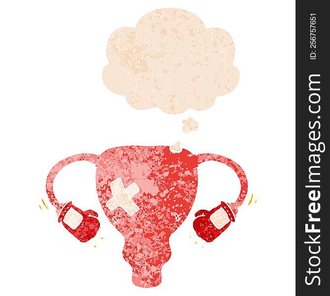 Cartoon Beat Up Uterus With Boxing Gloves And Thought Bubble In Retro Textured Style