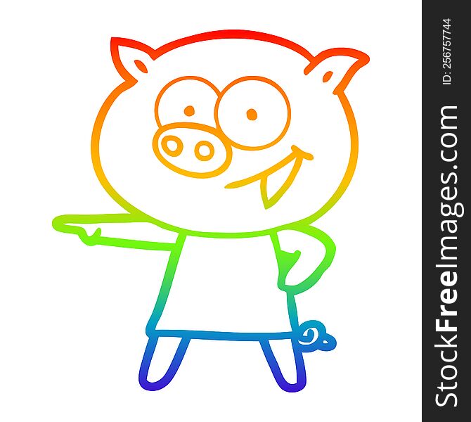 Rainbow Gradient Line Drawing Cheerful Pig In Dress Pointing Cartoon