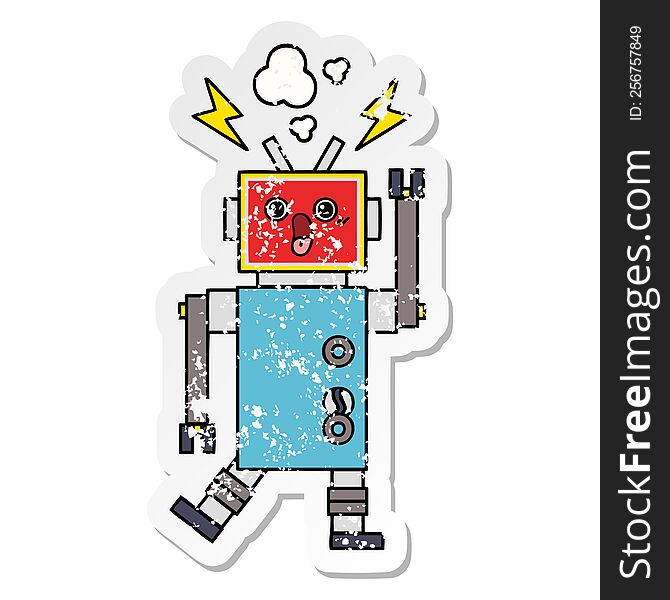 distressed sticker of a cute cartoon robot malfunction