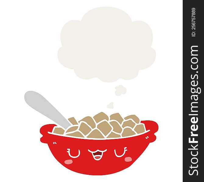 cute cartoon bowl of cereal with thought bubble in retro style