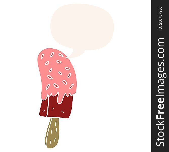 Cartoon Ice Cream Lolly And Speech Bubble In Retro Style
