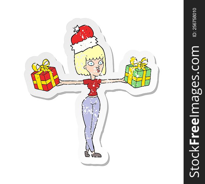 retro distressed sticker of a cartoon woman with xmas presents