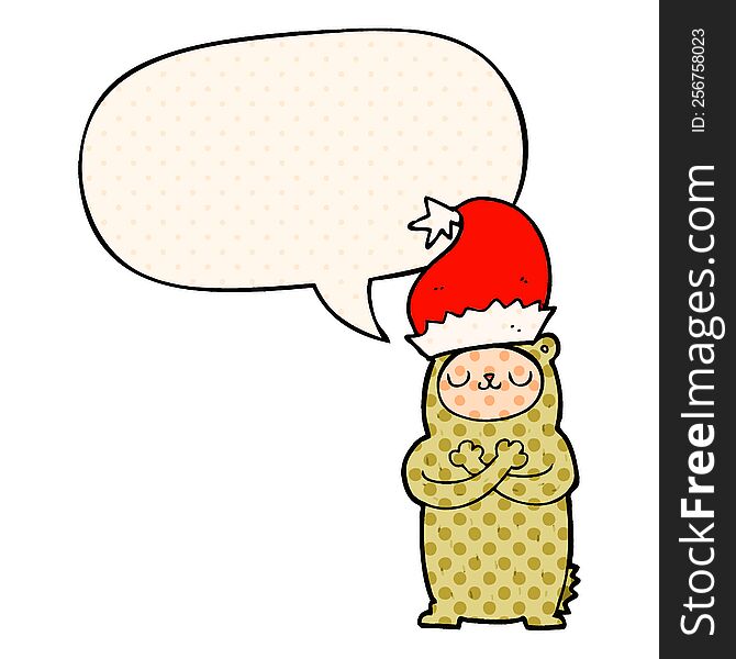 cartoon bear wearing christmas hat with speech bubble in comic book style