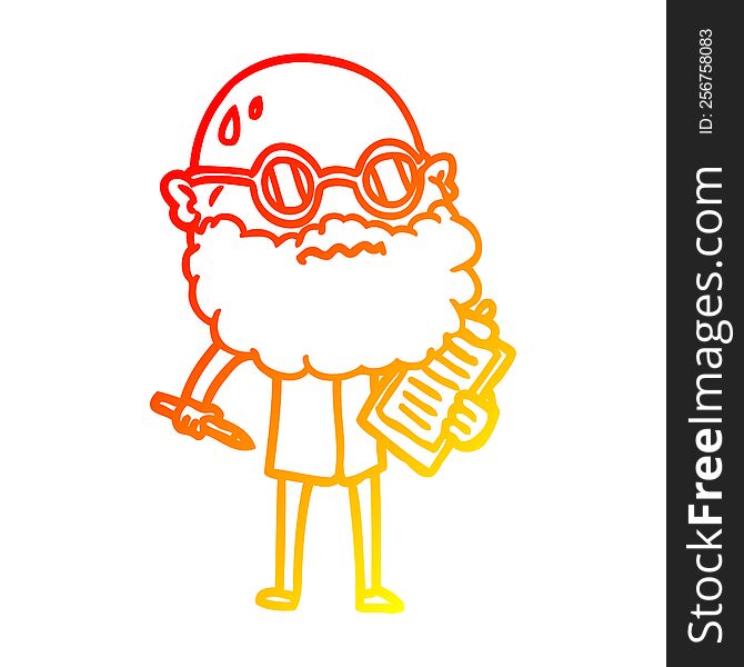 Warm Gradient Line Drawing Cartoon Worried Man With Beard And Sunglasses Taking Survey