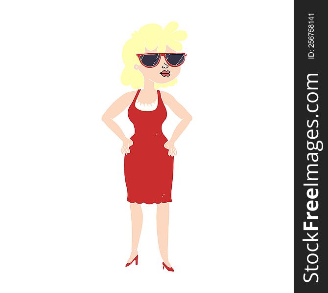 Flat Color Illustration Of A Cartoon Woman Wearing Sunglasses