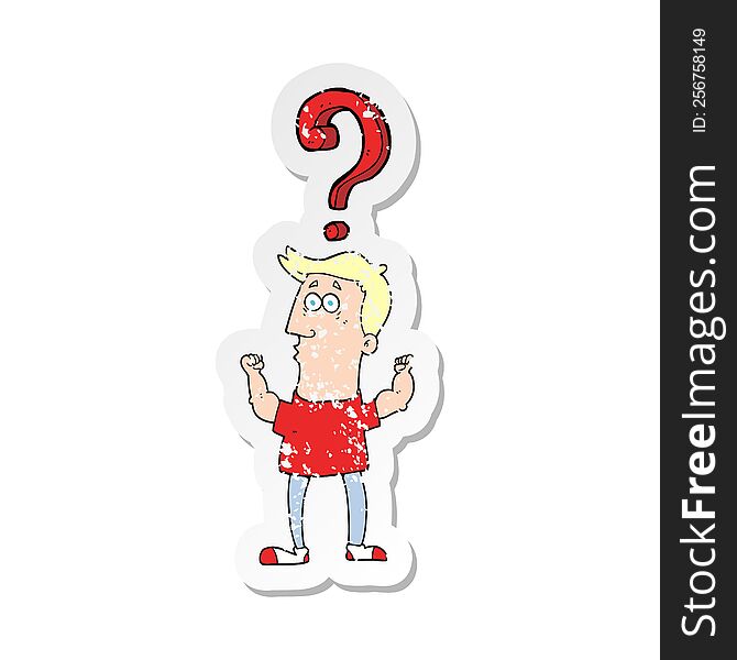 Retro Distressed Sticker Of A Cartoon Man With Question