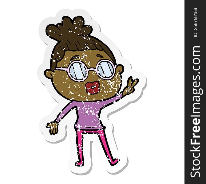distressed sticker of a cartoon woman making peace sign