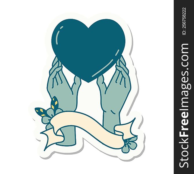tattoo style sticker with banner of hands reaching for a heart
