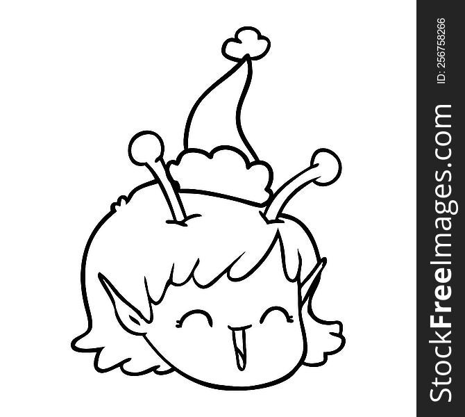 Line Drawing Of A Alien Space Girl Face Wearing Santa Hat