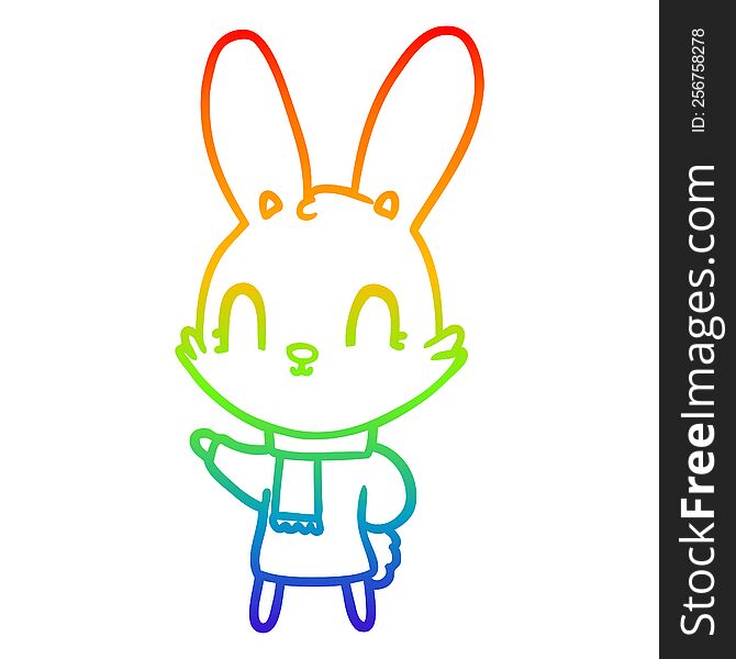 rainbow gradient line drawing of a cute cartoon rabbit wearing clothes