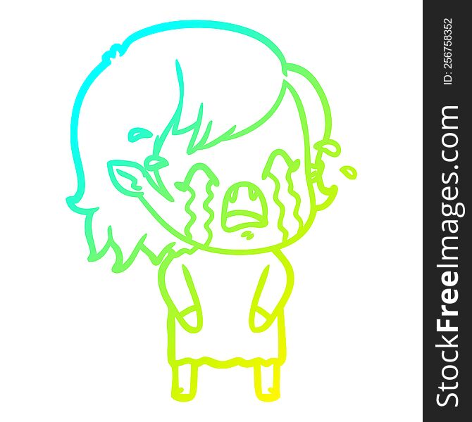 cold gradient line drawing of a cartoon crying vampire girl