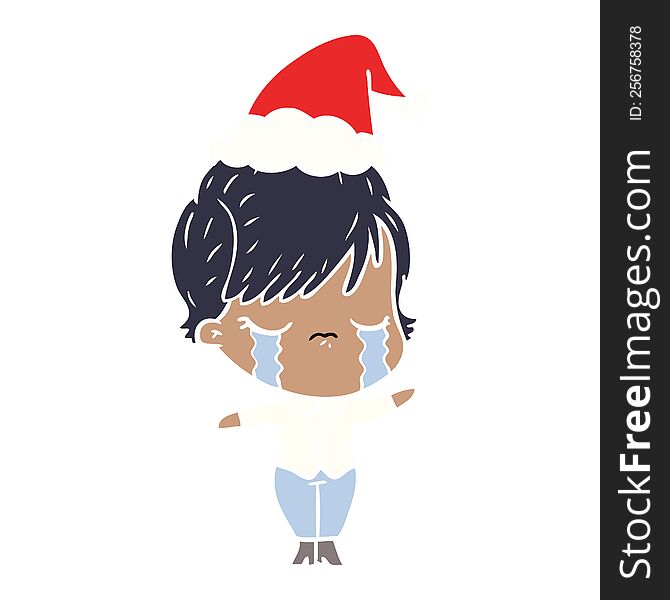 hand drawn flat color illustration of a woman crying wearing santa hat