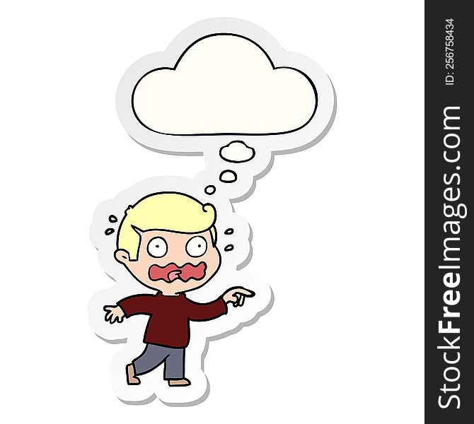 cartoon stressed out pointing with thought bubble as a printed sticker