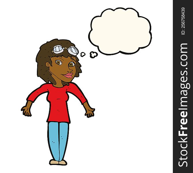 cartoon woman wearing goggles with thought bubble