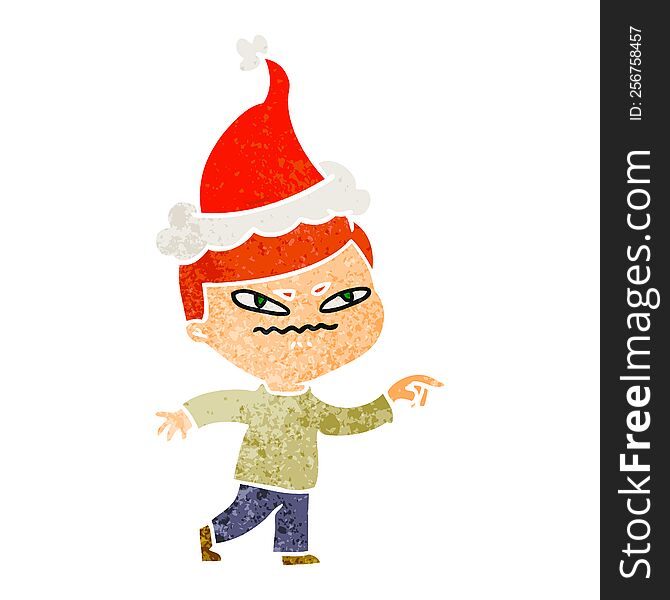 hand drawn retro cartoon of a angry man pointing wearing santa hat