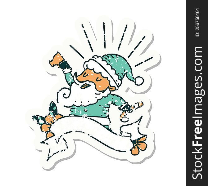 Grunge Sticker Of Tattoo Style Santa Claus Christmas Character Celebrating