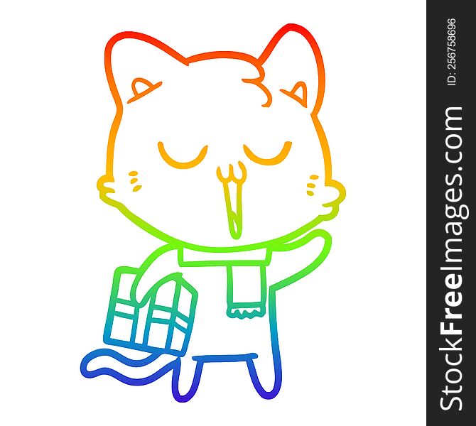 rainbow gradient line drawing of a cartoon cat with gift