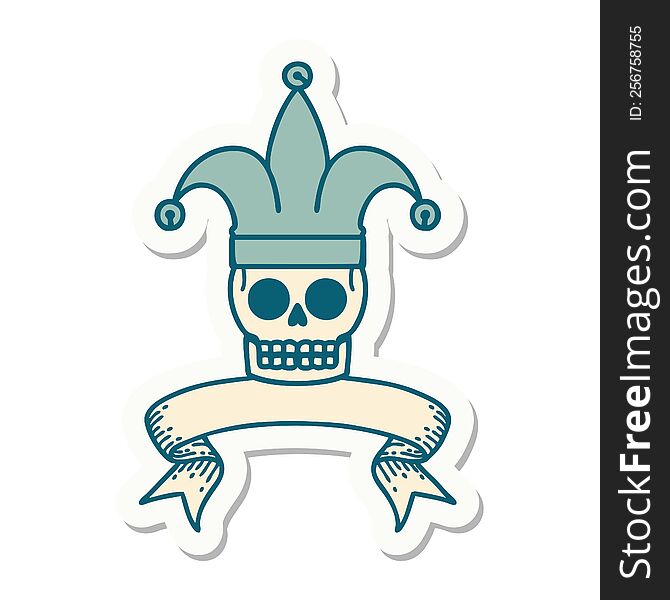 Tattoo Sticker With Banner Of A Skull Jester