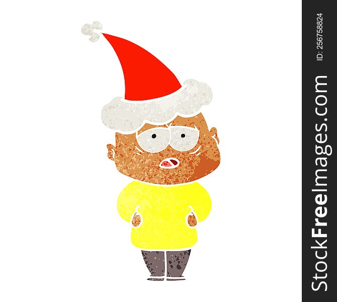 Retro Cartoon Of A Tired Bald Man Wearing Santa Hat