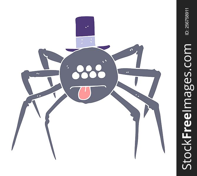 Flat Color Illustration Of A Cartoon Halloween Spider In Top Hat