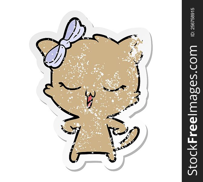 distressed sticker of a cartoon cat with bow on head