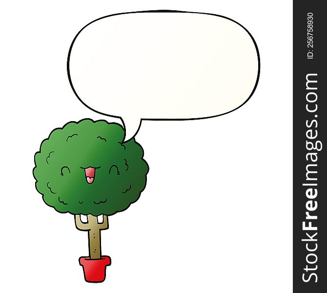 cartoon happy tree with speech bubble in smooth gradient style