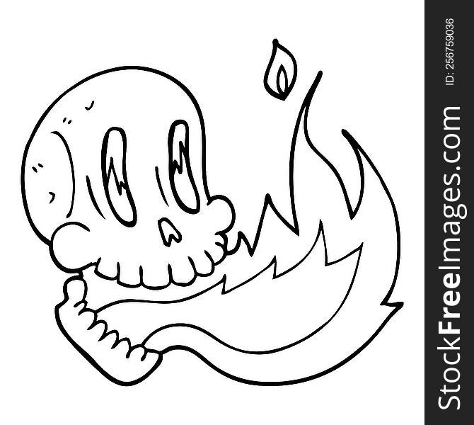 Line Drawing Cartoon Flaming Skull