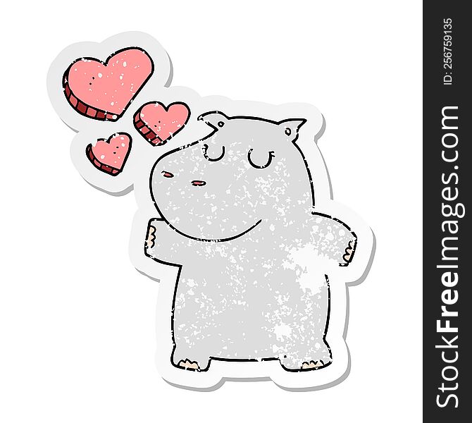 distressed sticker of a cartoon hippo in love