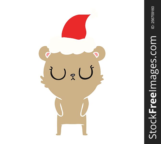 peaceful hand drawn flat color illustration of a bear wearing santa hat. peaceful hand drawn flat color illustration of a bear wearing santa hat