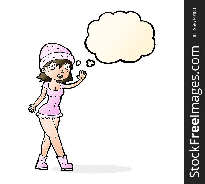 Cartoon Pretty Girl In Hat Waving With Thought Bubble