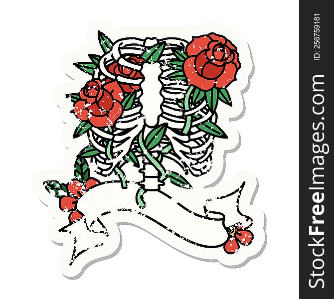 Grunge Sticker With Banner Of A Rib Cage And Flowers