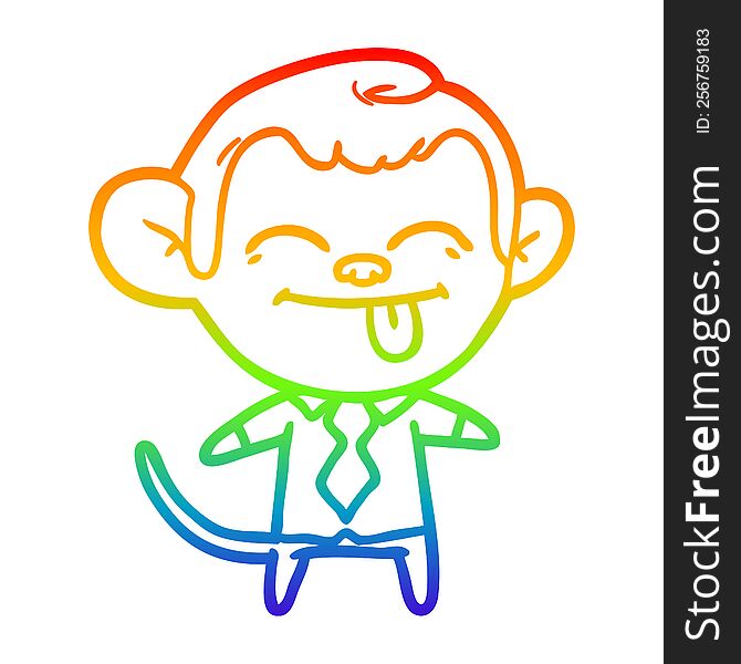 rainbow gradient line drawing of a funny cartoon monkey wearing shirt and tie