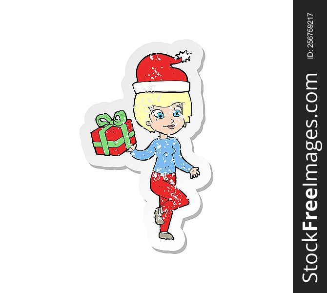 Retro Distressed Sticker Of A Cartoon Woman With Present