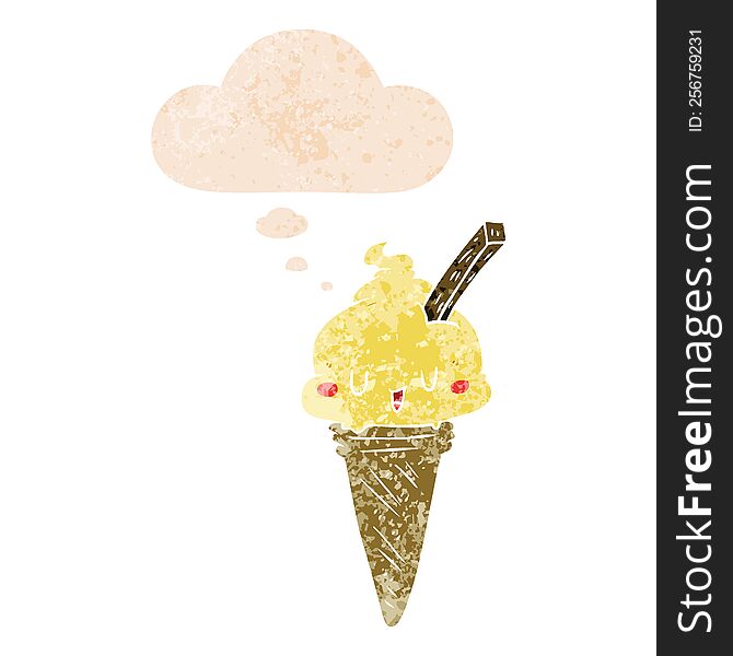 Cute Cartoon Ice Cream And Thought Bubble In Retro Textured Style