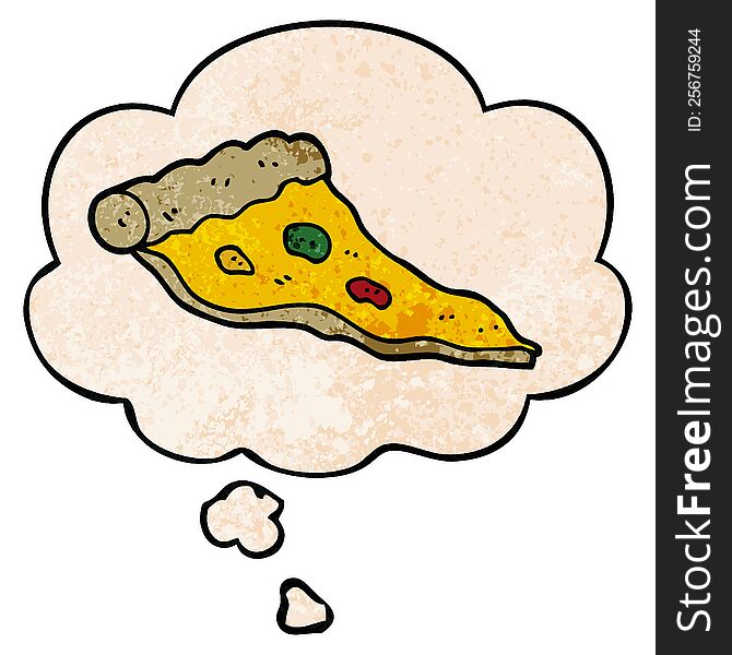 Cartoon Pizza And Thought Bubble In Grunge Texture Pattern Style