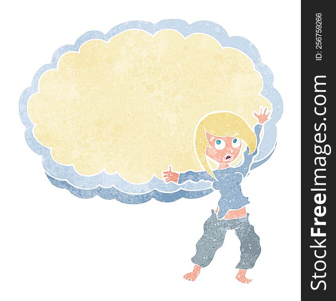 cartoon stressed woman in front of cloud with space for text. cartoon stressed woman in front of cloud with space for text