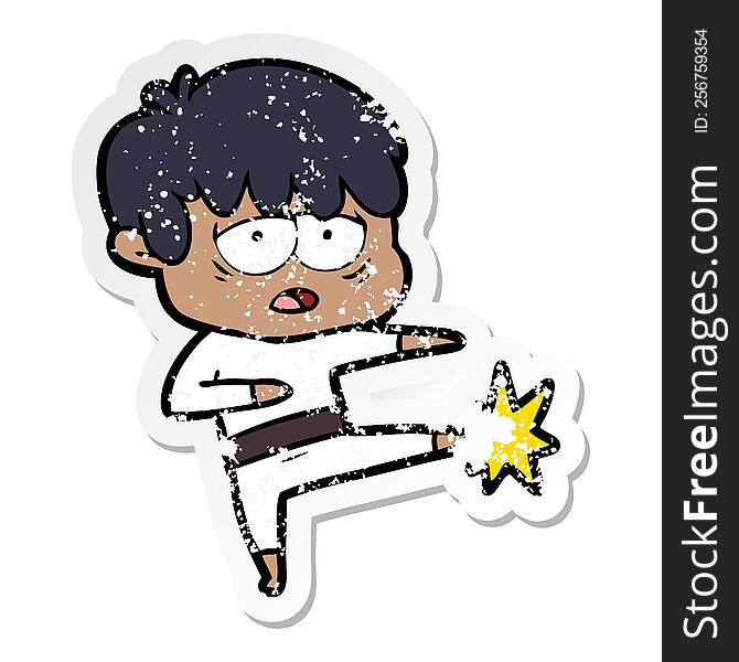 distressed sticker of a cartoon exhausted boy doing karate