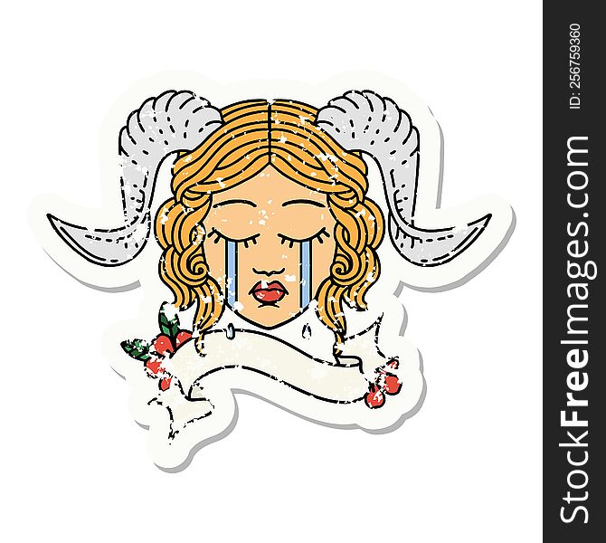 grunge sticker of a crying tiefling character face with scroll banner. grunge sticker of a crying tiefling character face with scroll banner