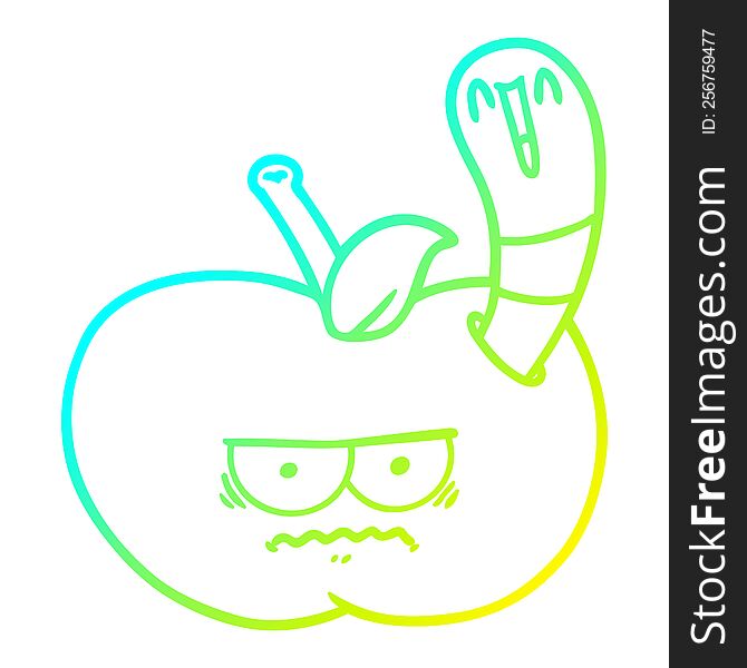 cold gradient line drawing of a cartoon worm eating an angry apple