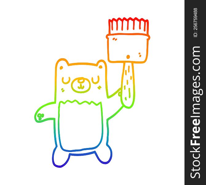 Rainbow Gradient Line Drawing Cartoon Bear With Paint Brush