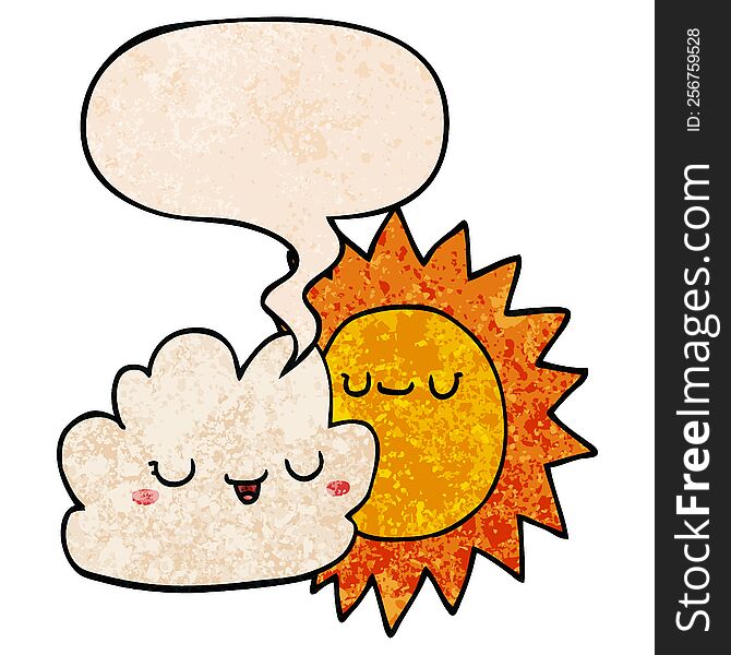 cartoon sun and cloud with speech bubble in retro texture style