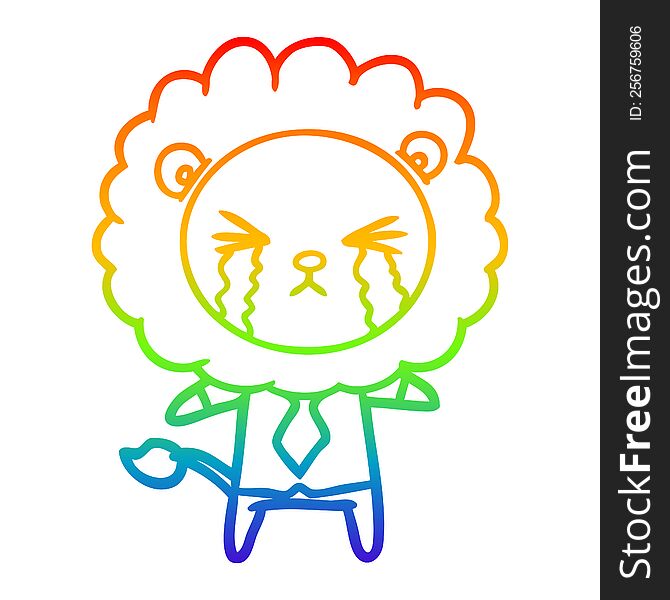 rainbow gradient line drawing of a cartoon crying lion wearing shirt and tie