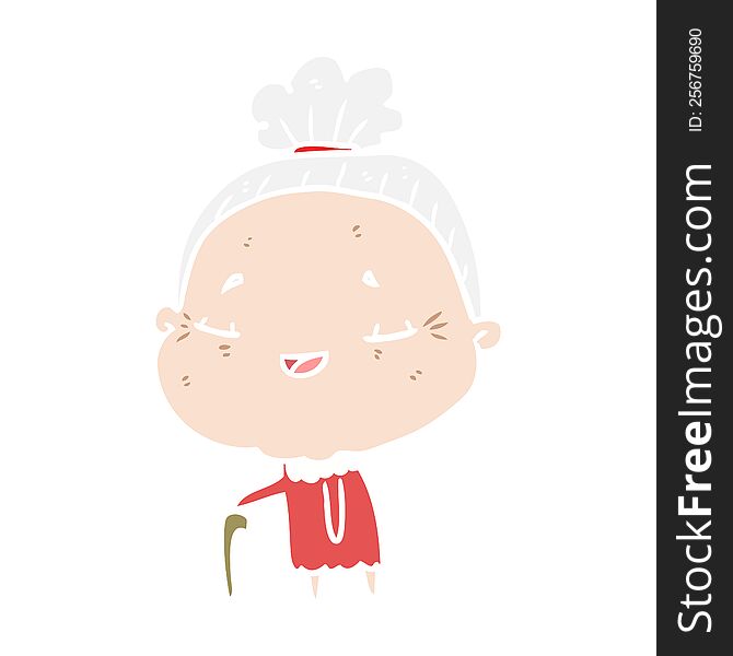 Flat Color Style Cartoon Old Woman With Walking Stick