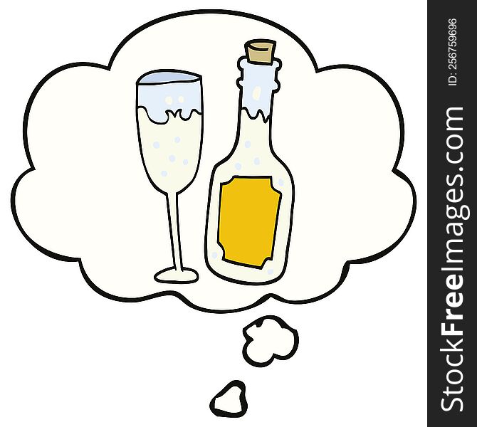 cartoon champagne bottle and glass and thought bubble