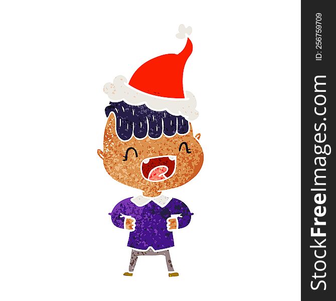 Retro Cartoon Of A Happy Boy Laughing Wearing Santa Hat