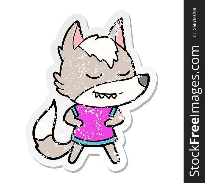 Distressed Sticker Of A Friendly Cartoon Wolf Girl