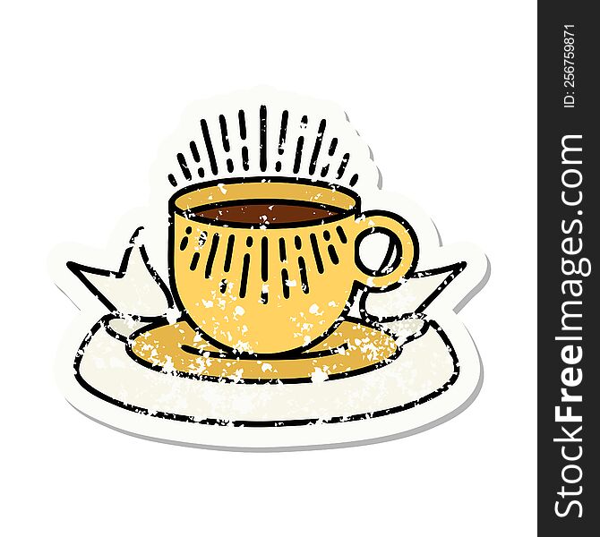 Grunge Sticker With Banner Of Cup Of Coffee